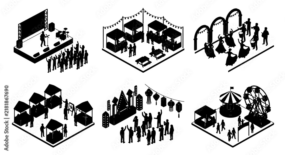 Fototapeta premium Isometric Event Scenes: Stage, Market Stalls, Ferris Wheel, Festival Booths, 6 Vector Illustrations