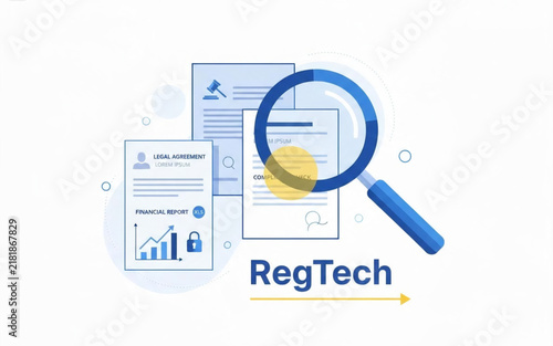 Regulatory technology and financial compliance audit illustration with legal documents and magnifying glass inspection concept