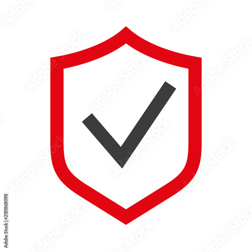 A shield icon with a check mark. Symbol of protection, defense, or lack of protection. An attribute of safety, security, or danger. Icon for the web. Raster.