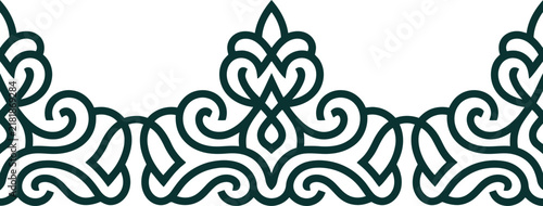 Dark green decorative border with intricate swirls and symmetrical flourishes on a white background