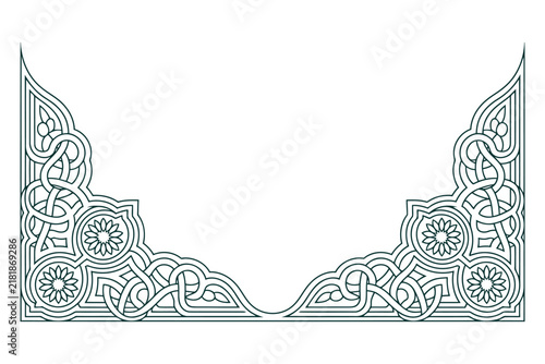 Dark green decorative corner frame with floral patterns and interlaced lines on white background