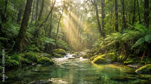 Sunlight beams shining through ancient rainforest trees onto a clear river stream with green forest