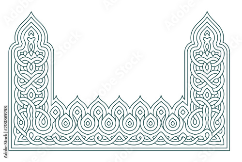 Dark green decorative frame with arched sides and intricate knotwork patterns on white background