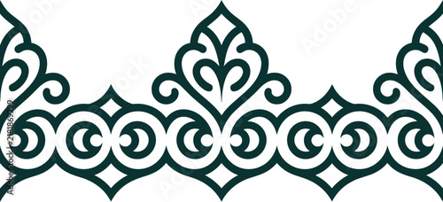 Dark green ornamental border with repeating floral motifs and symmetrical swirls on white background
