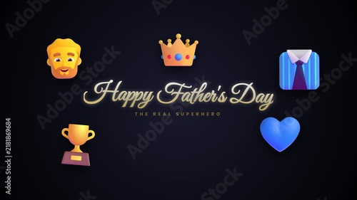 Fathers day greeting card with a fun illustration of a crown, face, trophy, shirt, blue heart icons. Suitable for fathers day designs.