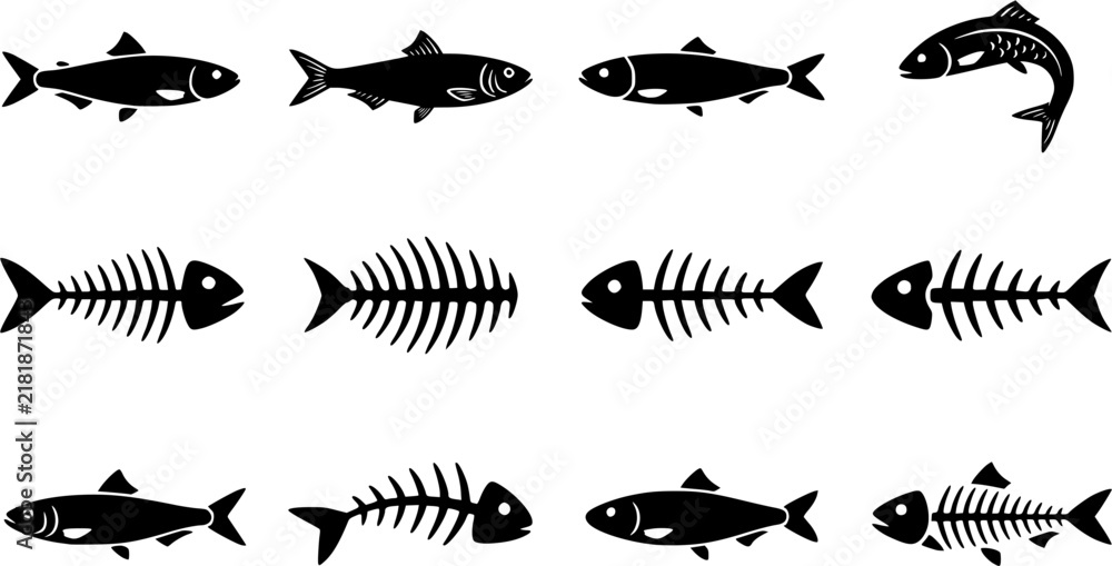 Fototapeta premium Sardine & Fish Bone Silhouette Icon Set. Collection of food & culinary silhouettes, including sardine & fish bone, detailed seafood and fish shapes, and more.