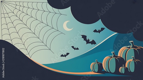 Spooky halloween night scene with bats flying by a haunted house and pumpkins
