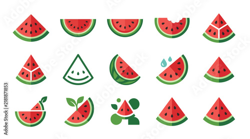 Clean Flat Design Watermelon Slices and Creative Watermelon Icons Set in Red and Green with high quality professional line art symbols for modern creative design and digital branding projects