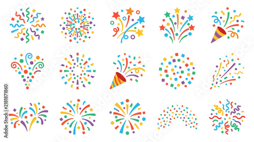 Clean Colorful Celebration Set with Festive Fireworks Confetti Streamers and Party Noisemakers with high quality professional line art symbols for modern creative design and digital branding projects