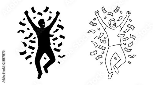 Foto Person celebrating with falling money black and white silhouette illustration