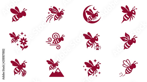 Clean Maroon Minimalist Bee Themed Icons Set with Various Symbols and Elements for Design Projects