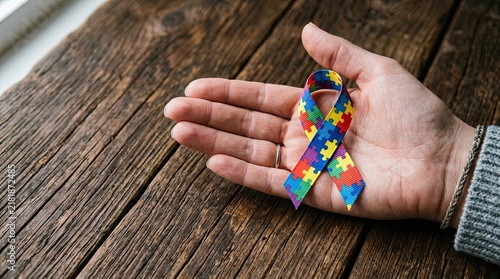 Naklejka Supporting mental wellbeing a hand reaching out with a puzzle piece ribbon for awareness