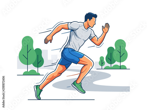 Active Man Running Fast Through A Green Park Setting Illustration