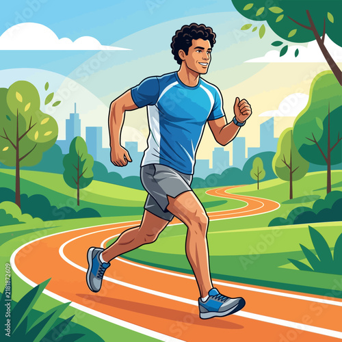 Active Man Jogging In A Lush Green City Park Scenic Trail