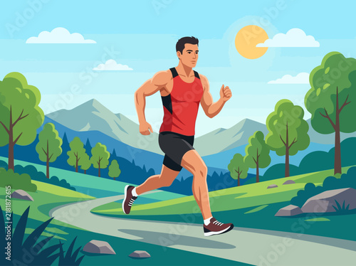 Active Man Jogging Through Scenic Mountain Landscape