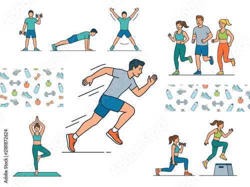 Active People Engaged In Various Fitness Routines Illustrating Health And Wellness