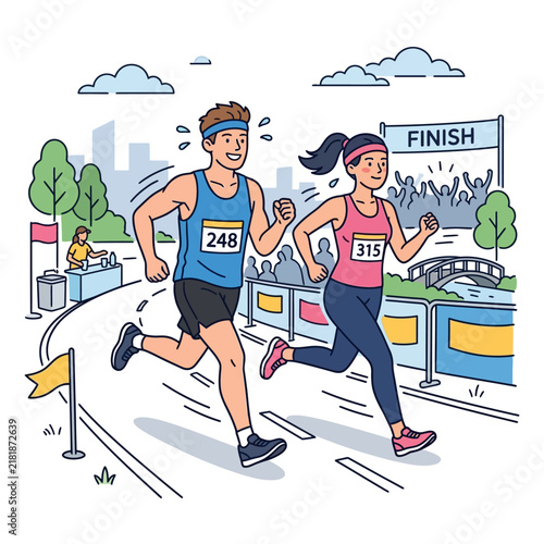 Active Marathon Runners Approaching The Finish Line Cheered On By Spectators