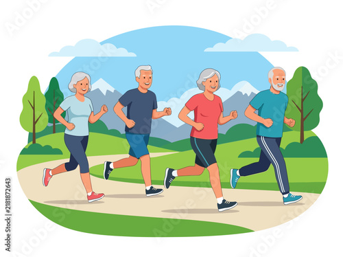 Active Seniors Enjoying Outdoor Jogging Health And Fitness In Nature