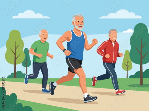 Active Seniors Enjoying Outdoor Park Running Together