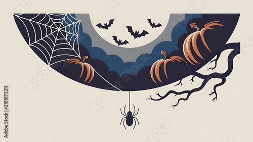 Halloween landscape with bats flying over a spooky forest and pumpkin patch