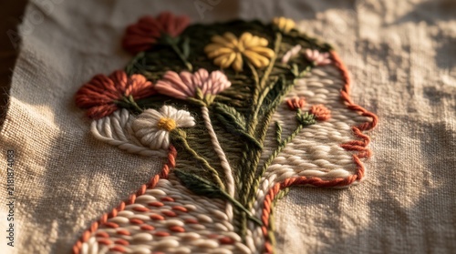 Handmade embroidery of a woman profile silhouette with colorful floral hair design