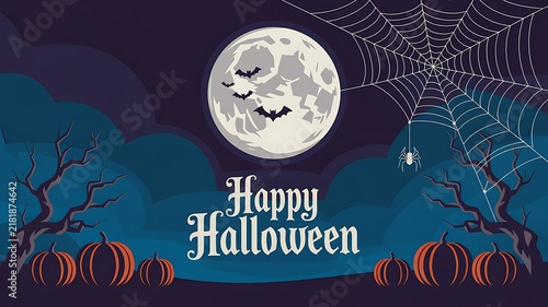 Spooky halloween night scene with a smiling moon and silhouetted trees