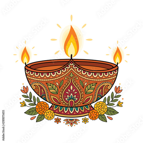 Decorative Traditional Indian Oil Lamp Vector Illustration for Diwali Festival