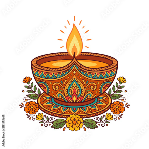 Ornate Diya Oil Lamp Illustration for Traditional Diwali Festival Celebration