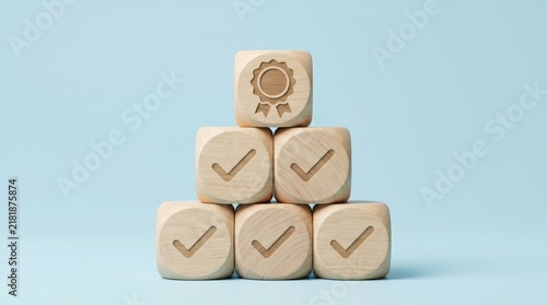 Corporate performance and customer satisfaction warranty concept with wooden blocks and quality certificate symbol.