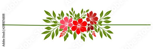 Elegant horizontal floral divider featuring red, pink, and brown flowers with green leafy branches, ideal as a vector illustration for invitations, stationery, banners, and branding.