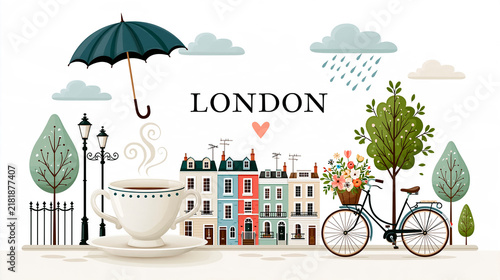 Beautiful cute card design London, house, coffee cup, umbrella, bicycle with flowers flat design