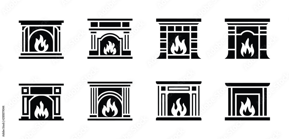 Fototapeta premium Collection of various elegant fireplace with burning fire glyph icons