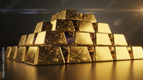 Stack of gold bars pyramid on dark background