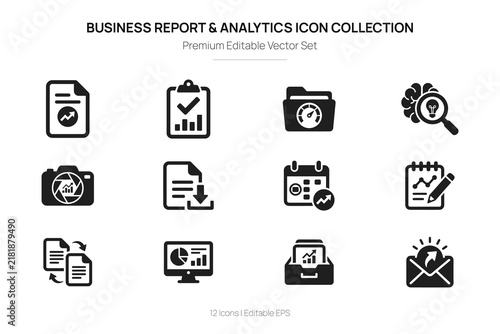 Business report and analytics flat icons set on a white background for data visualization