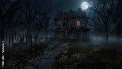 Horror halloween haunted house in creepy night forest, Haunted Halloween House in Dark Forest Under Full Moon Night Sky with Flying Bats, Spooky Castle Silhouette and Scary, created with generative ai
