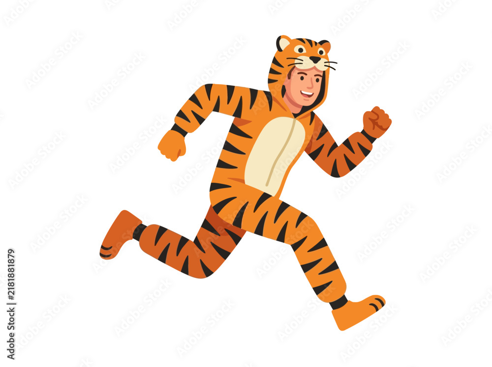 Obraz premium Man In Tiger Costume Running With Enthusiasm And Joy