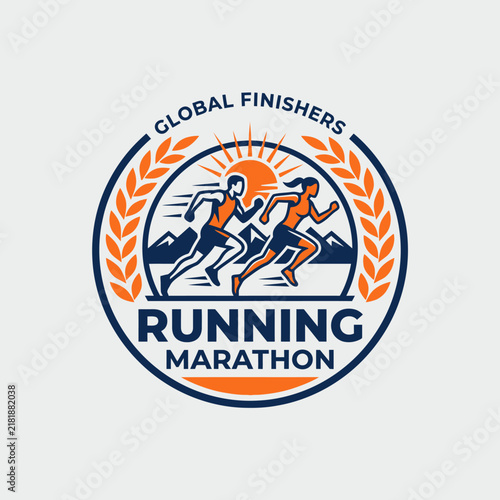Global Marathon Runners Achievement Emblem With Mountains and Sun