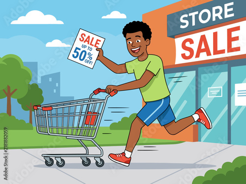 Excited Shopper Rushing To A Store Sale With Discount Sign