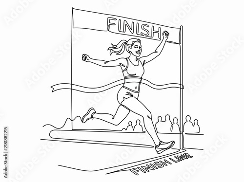 Female Runner Celebrates Victory At The Finish Line With Arms Raised