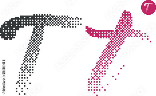 pixelated letter T styled with a horizontal halftone dispersion effect in dark grey and deep pink