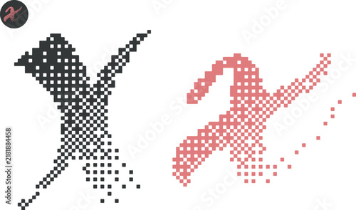 pixelated letter X featuring a dynamic diagonal halftone dispersion layout in dark grey and coral pink