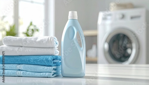 Laundry detergent bottle with clean clothes 3D illustration