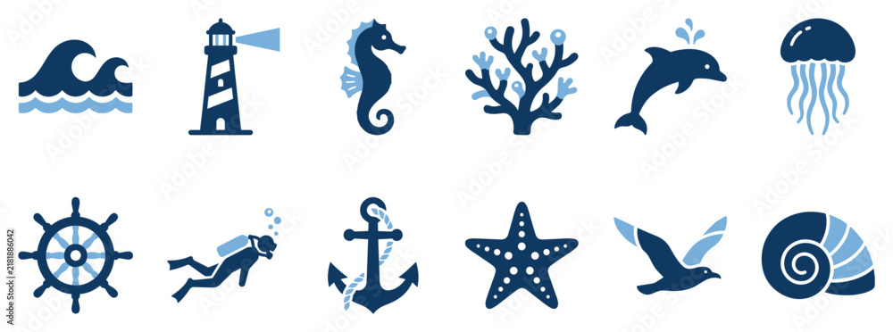 Fototapeta premium Ocean and sea life icons set. Marine adventure and nautical concept. Includes waves, lighthouse, seahorse, coral, dolphin, jellyfish, ship wheel, diver, anchor, starfish, seagull, seashell
