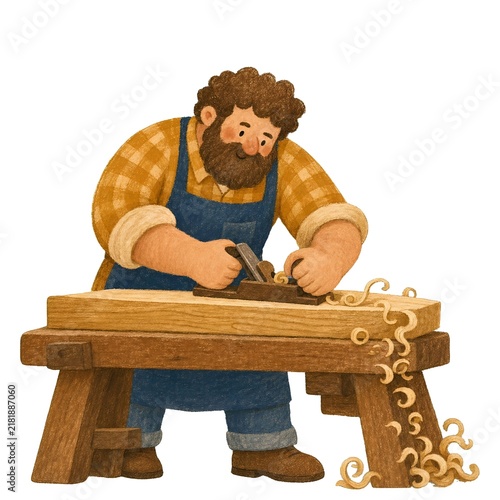 A cartoon man cutting down trees
