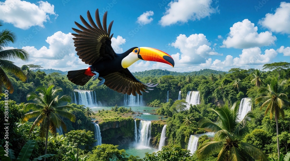 Fototapeta premium Colorful toucan flies through blue sky above tropical rainforest. Large exotic bird soars over rich green jungle with massive waterfalls, turquoise river. Scenic landscape shows wild nature with many