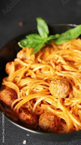 Spaghetti meatballs tomato sauce meat dish tasty snack fresh gourmet food background on the table rustic food top view copy space