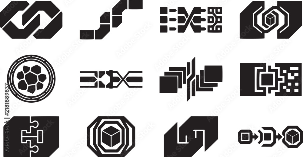 Fototapeta premium Blockchain Node Vector Logo Set with Data Integration, Smart Contract, and Tech Infrastructure Icons