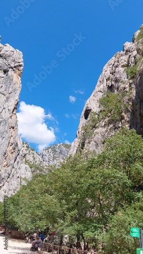 A vertical, low-angle tilt-up and panning shot starts along a wooden safety fence lining a gravel path at Paklenica National Park in Croatia on a sunny summer day