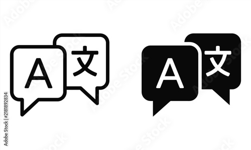 Language translation icons, speech bubbles with letter a and asian character, translation service symbol