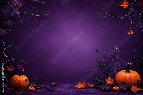 Dark Spooky Halloween Purple Background with Orange Pumpkins, Creepy Tree Branches, Spider Webs, and Copy Space